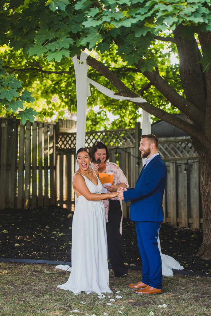 bride and groom in backyard Barrie wedding ceremony