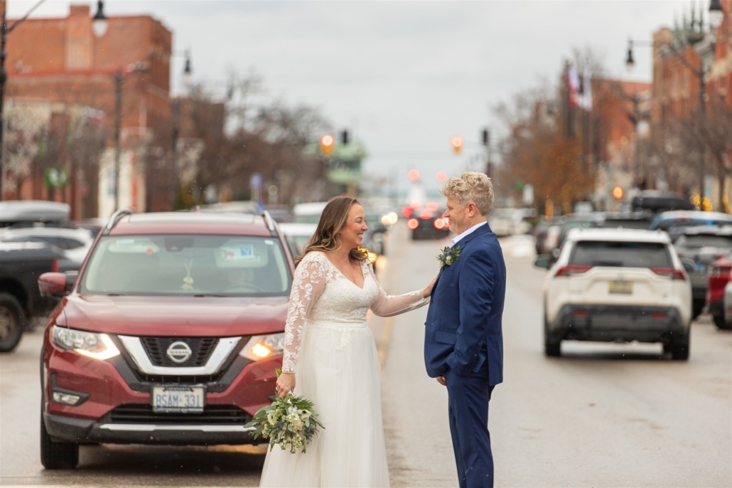 bride and groom in downtown Collingwood